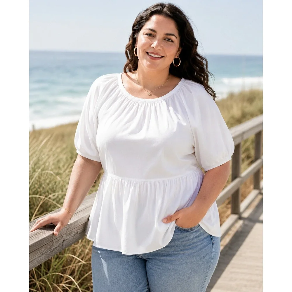 Old Navy‎ White Cotton Babydoll Top Puff Sleeve Cutout Back Swing Blouse 3X